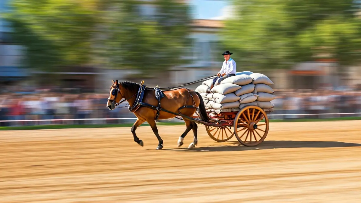 Imatge d'un carro carregat amb sacs de sorra en una pista de terra, amb cavalls i carreters desenfocats al fons.