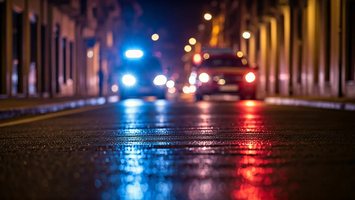 Generic image of emergency lights reflected on wet asphalt at night.