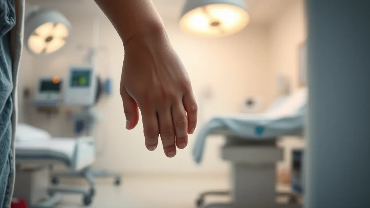 Generic image of a child's hand holding an adult's hand in a hospital setting, symbolizing family support during a medical procedure.
