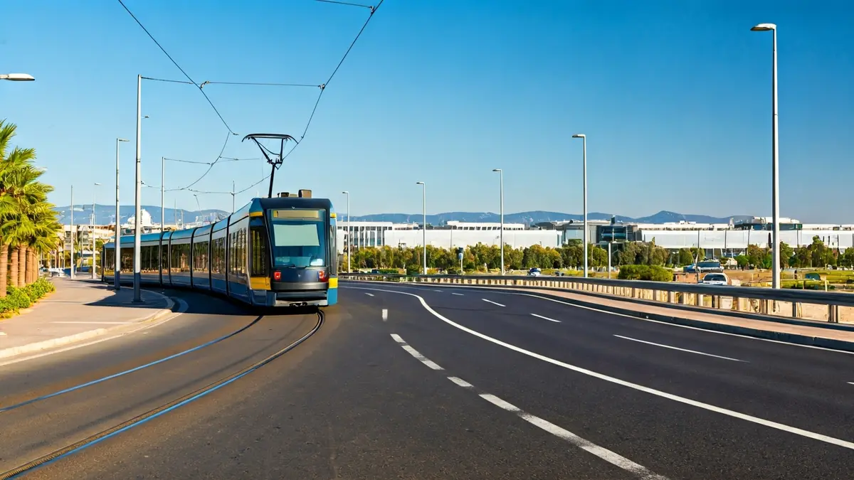 Imagen de una línea de tranvía moderna acercándose a un parque tecnológico, con coches borrosos en una carretera paralela.