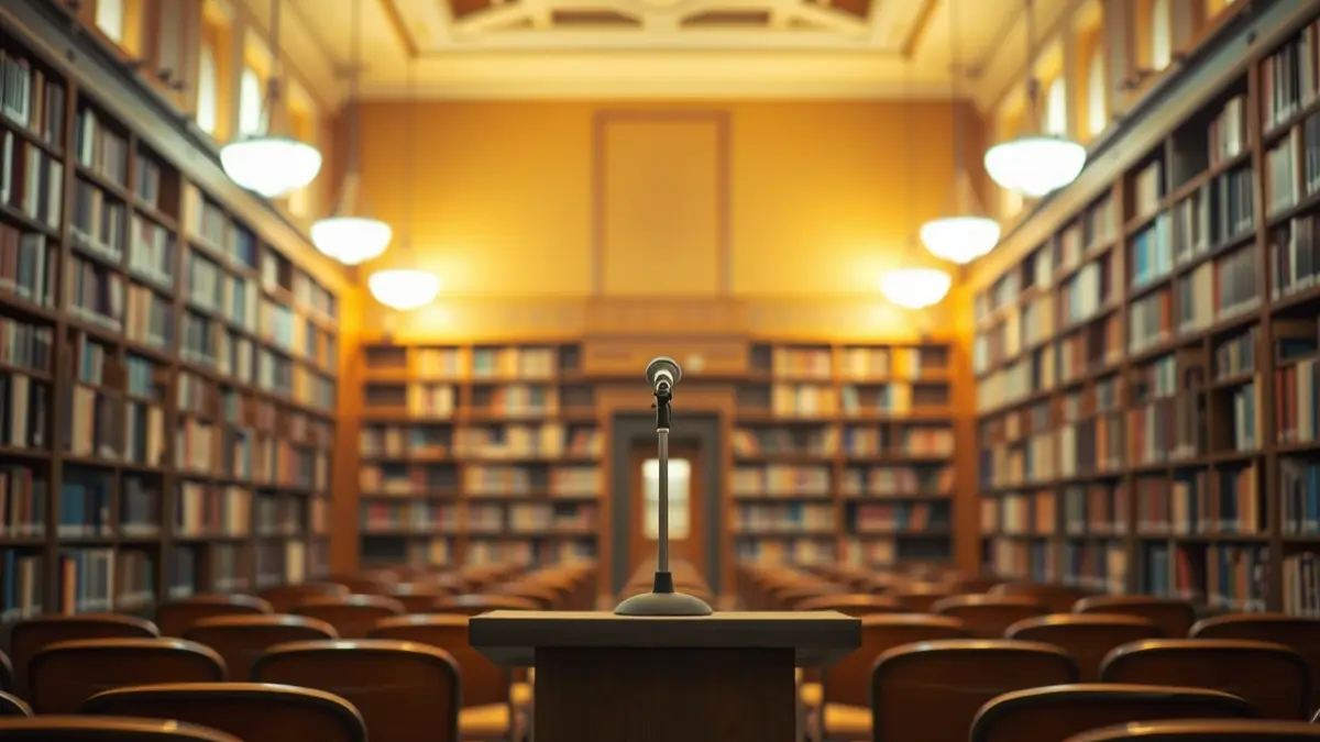 Imagen genérica de un espacio cultural con un micrófono en un podio, sillas vacías y estanterías de madera.