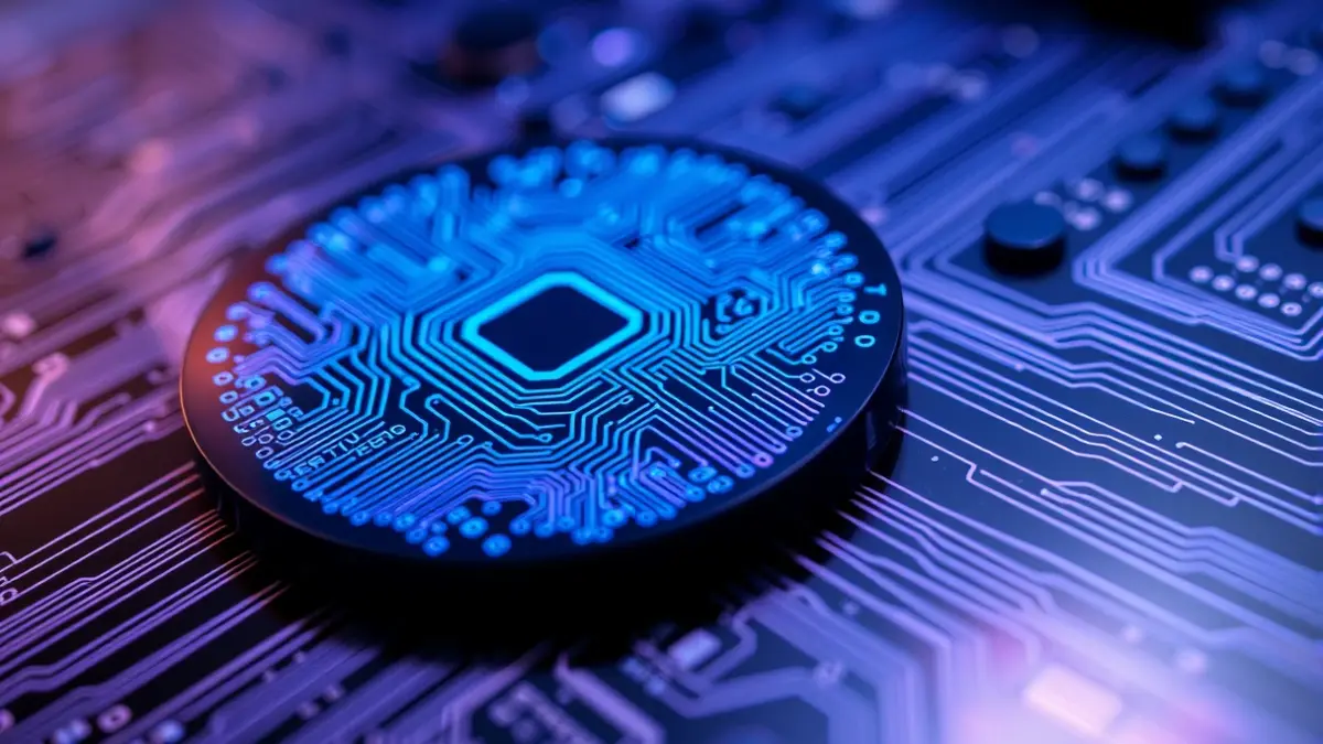 Imatge genèrica d'un xip fotònic amb circuits complexos i llums blaves, representant la tecnologia de semiconductors.