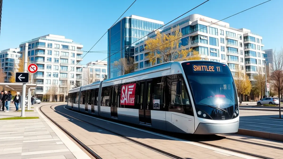 Imatge d'un tramvia i un autobús llançadora en un parc tecnològic, simbolitzant la millora del transport públic.