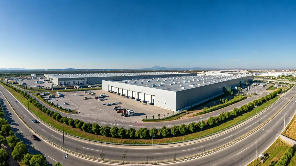 Imagen genérica de un parque industrial moderno con naves y carreteras, en un paisaje mediterráneo.