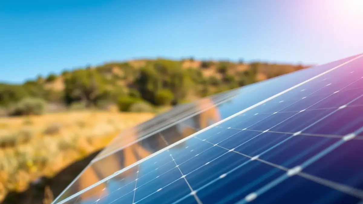 Imatge genèrica de panells solars en un camp, amb vegetació mediterrània al fons.