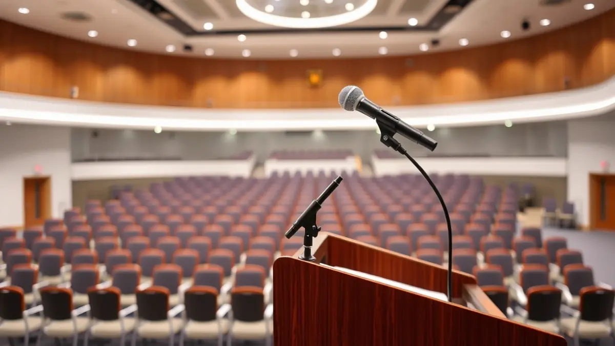Generic image of a microphone on a podium, ready for a conference in a multi-purpose hall.