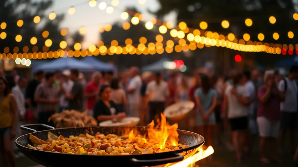 Image of the Paella Festival in Nules with people and paellas cooking.