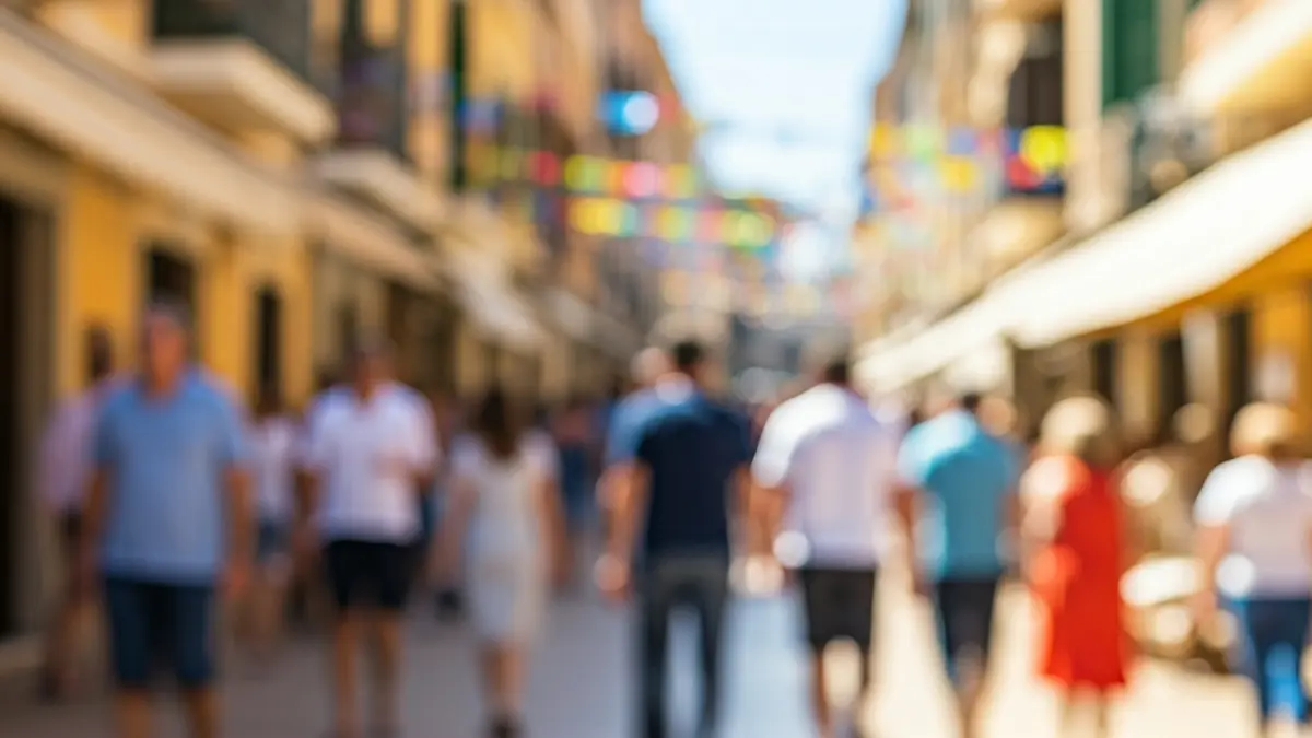 Generic image of a popular festival in a Mediterranean street, with people and festive decorations.