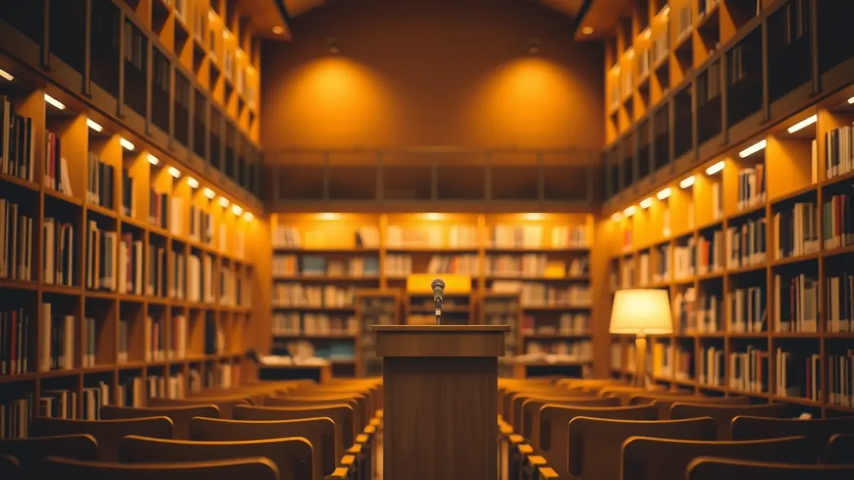 Imatge genèrica d'una biblioteca amb prestatgeries de fusta i un faristol amb micròfon, amb una il·luminació càlida.