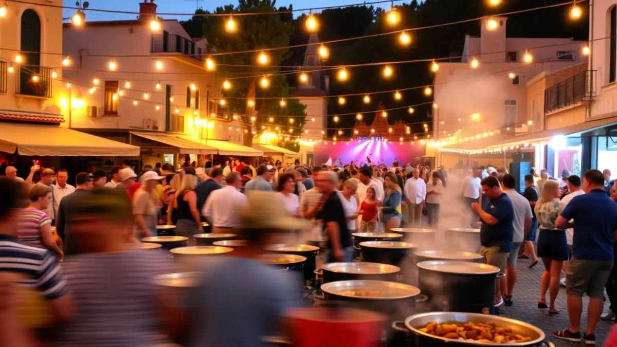 Imagen de una multitud de personas reunidas en una plaza para la Fiesta de las Paellas en Nules, con música y actividades.