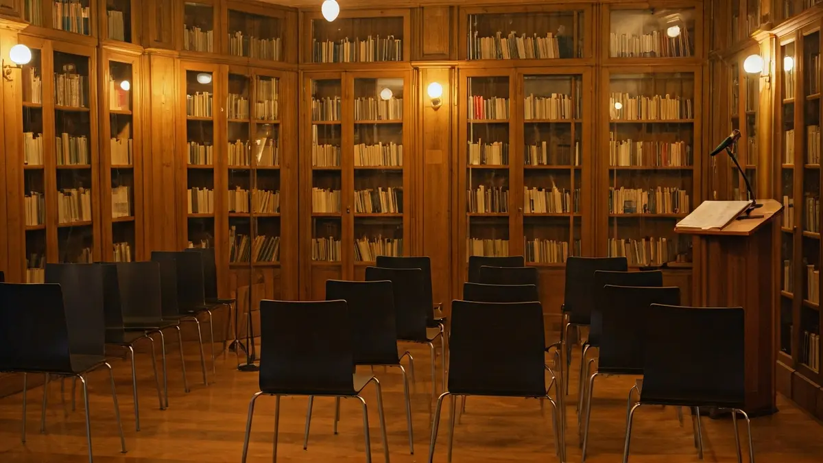 Generic image of a library interior with wooden bookshelves and a microphone on a podium, with warm lighting.