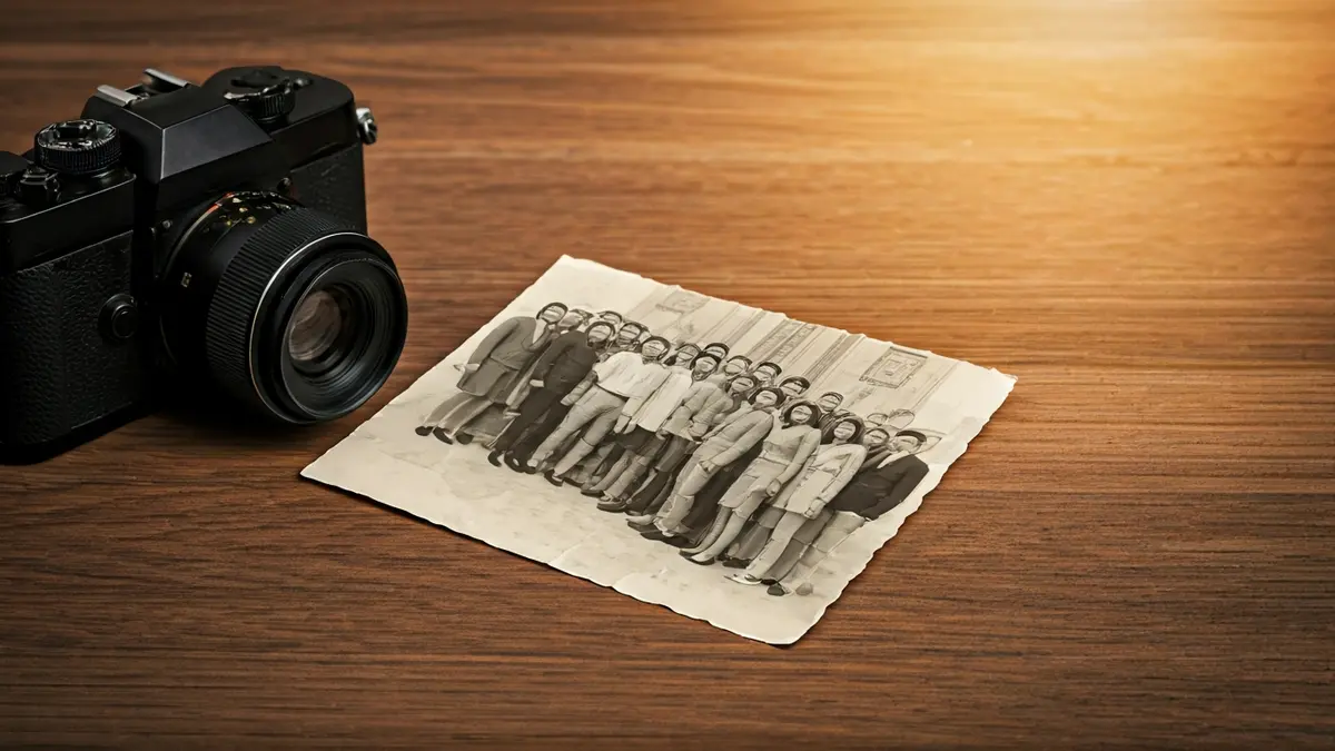 Image of a vintage group photograph in an exhibition.