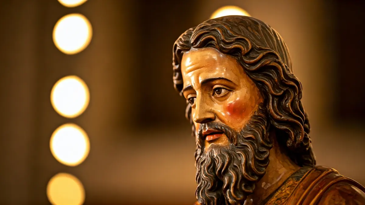 Imagen de una figura religiosa restaurada, con detalles finos e iluminación suave.