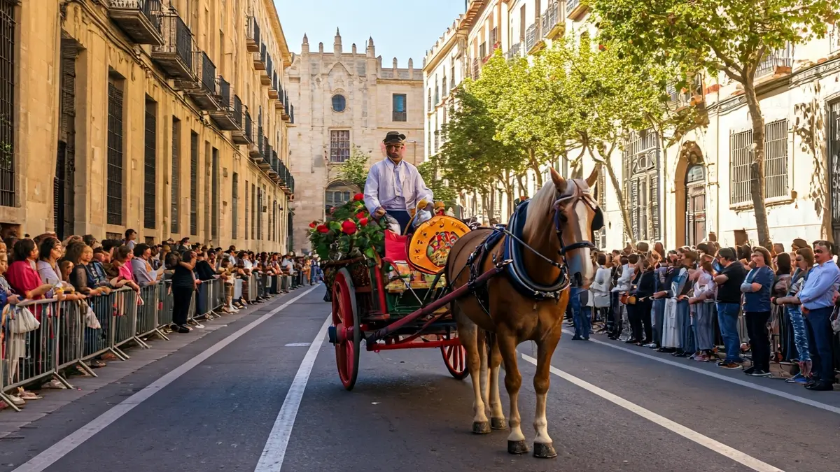 Imatge d'un carruatge engalanat amb cavalls i gent en un passacarrer festiu en un poble valencià.