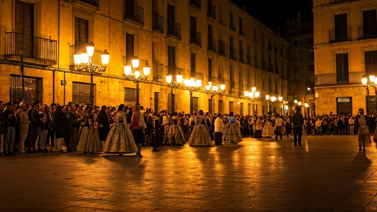 Imatge d'un dosser il·luminat en una plaça, amb gent en segon pla.
