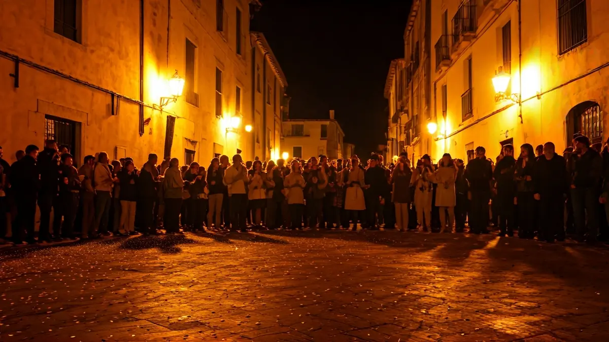 Generic image of a Mediterranean town square at night with a festive atmosphere.