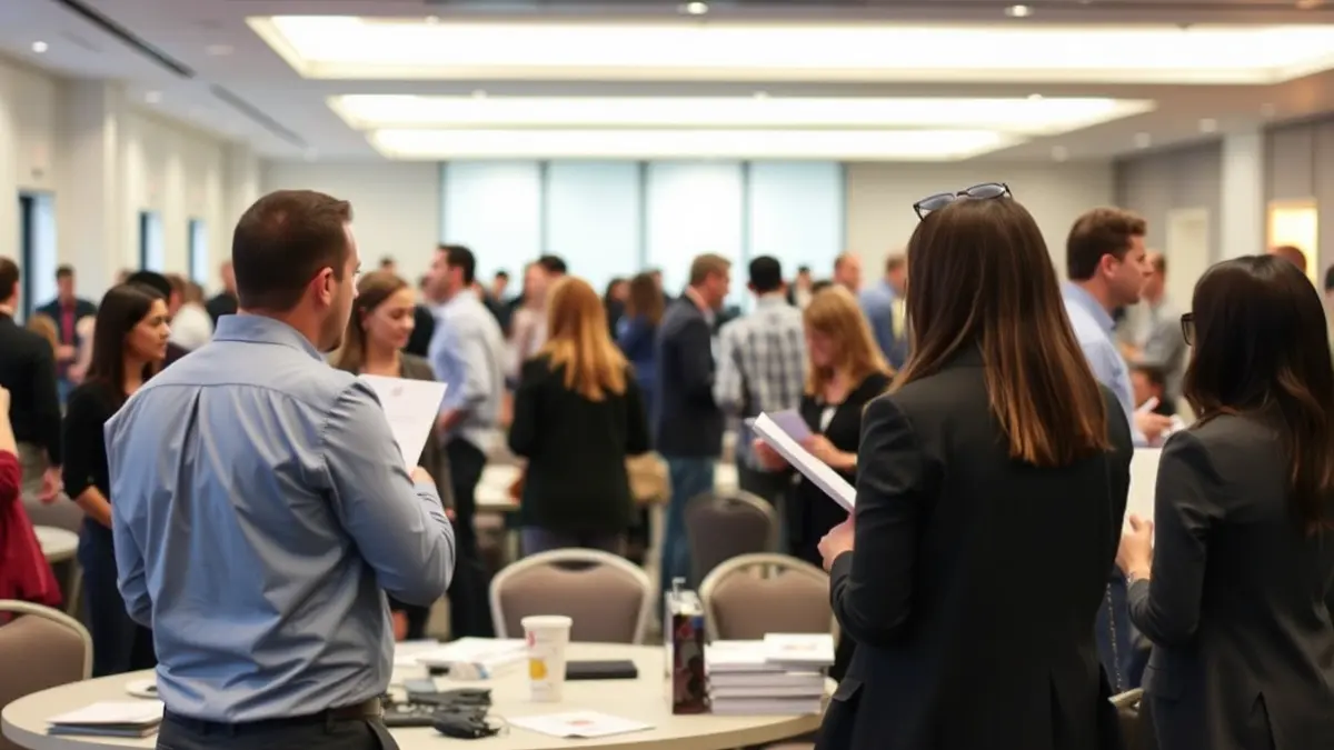 Imagen genérica de un foro de empleo con personas interactuando en un ambiente profesional.