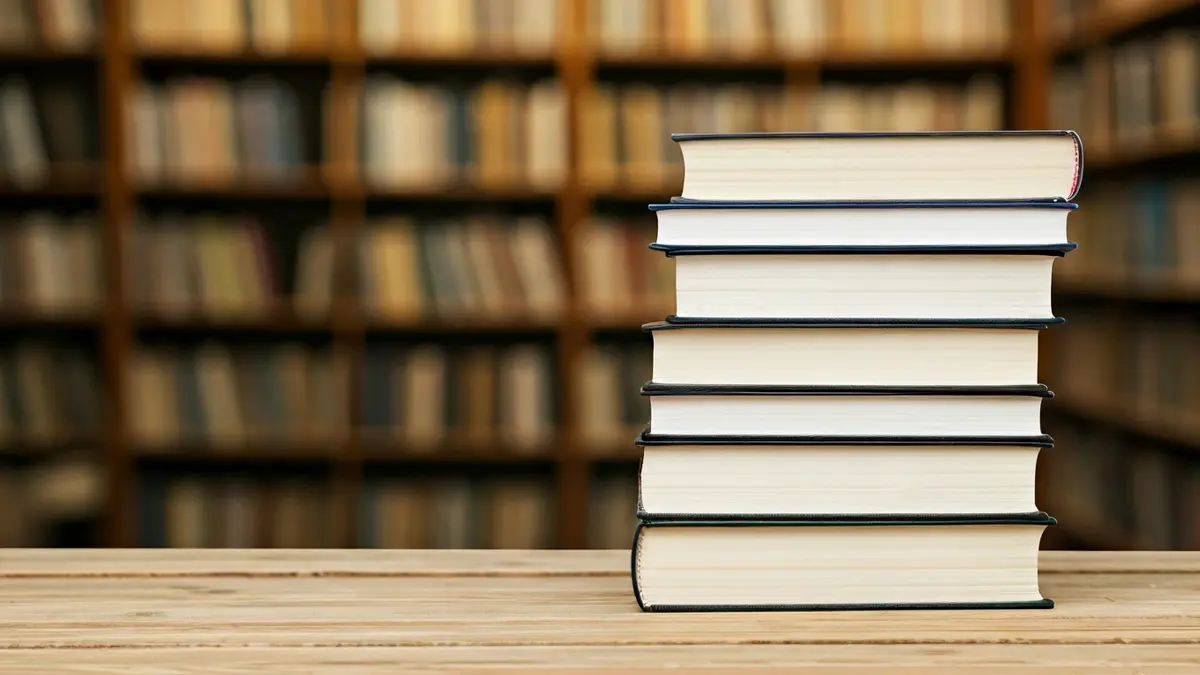 Imatge genèrica de llibres apilats en una taula, amb un fons desenfocat d'una biblioteca o llibreria.