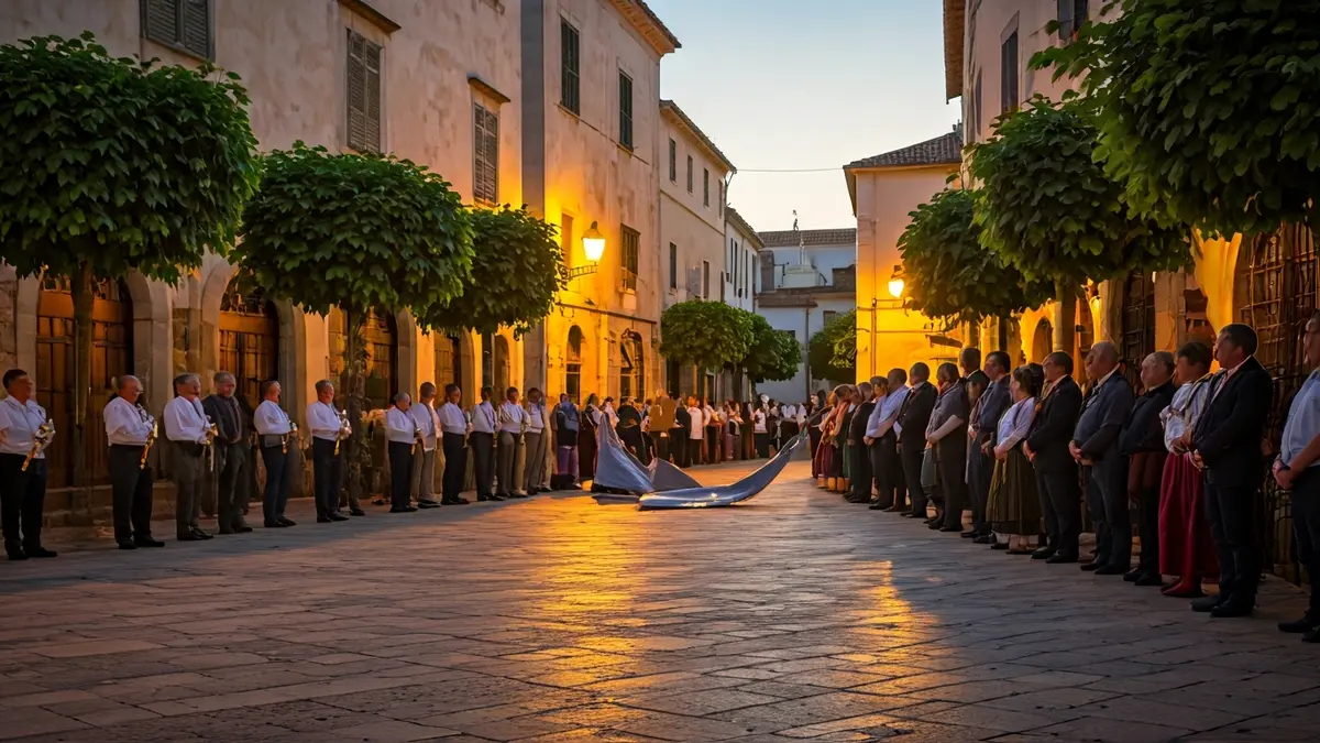 Imatge d'un dosel religiós sent obert en una plaça mediterrània, amb figures borroses i llum matinal.