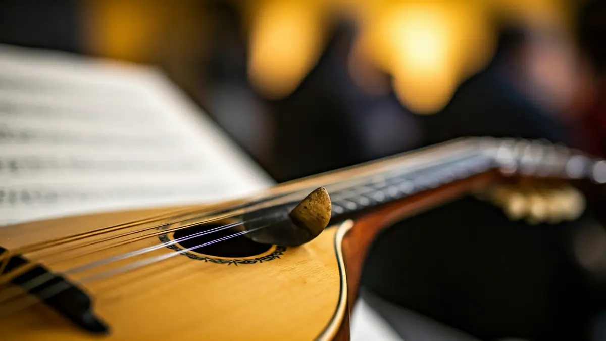 Generic image of a plectrum on mandolin strings.