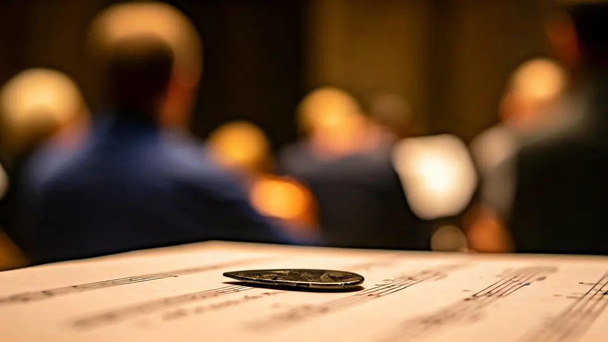 Imatge genèrica d'un plectre sobre una partitura musical, amb instruments de corda desenfocats al fons.
