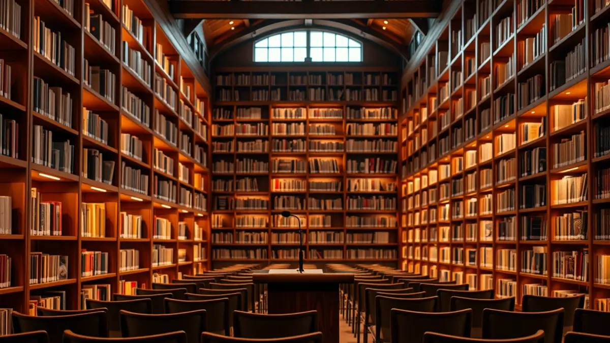 Imagen genérica de una biblioteca con estanterías de madera y un atril con micrófono, con una iluminación cálida.