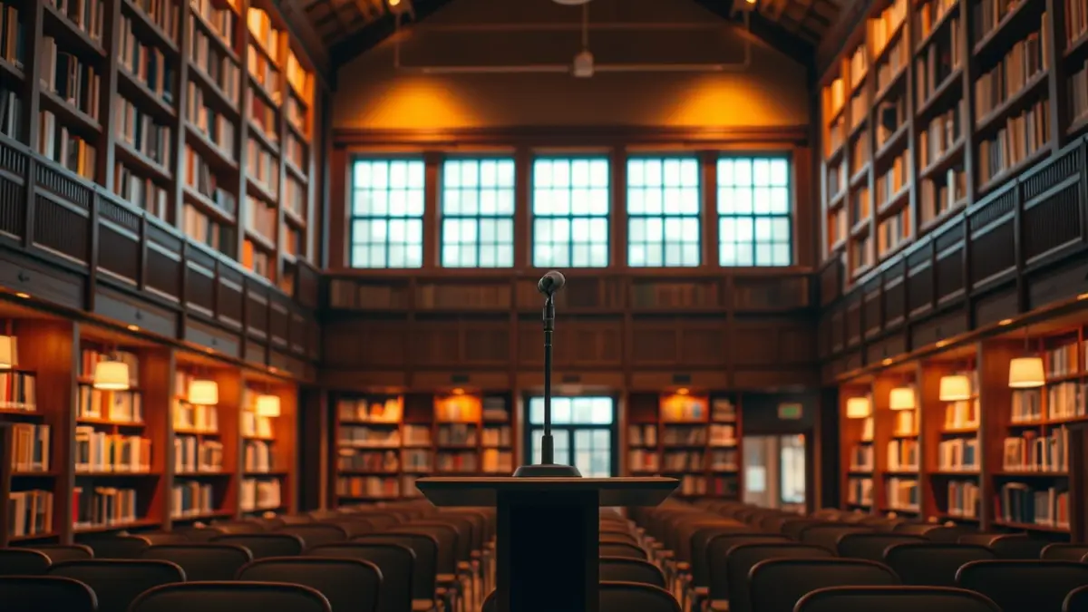 Generic image of a library with wooden bookshelves and a podium with a microphone, with a warm reading atmosphere.
