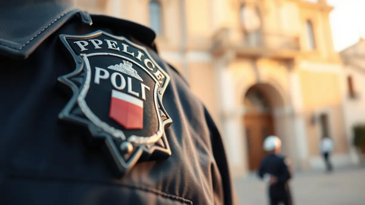 Imagen de un distintivo de policía en un uniforme, con la fachada de un ayuntamiento de fondo.