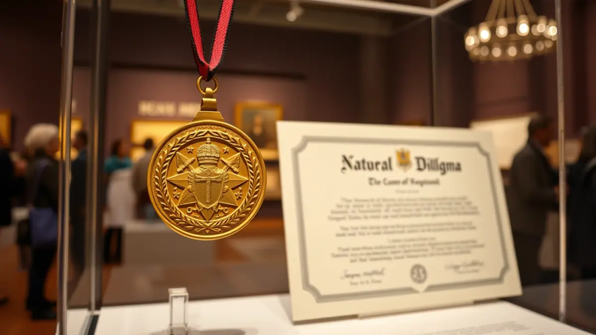 Imagen de una medalla y un diploma olímpicos expuestos en una vitrina de museo.