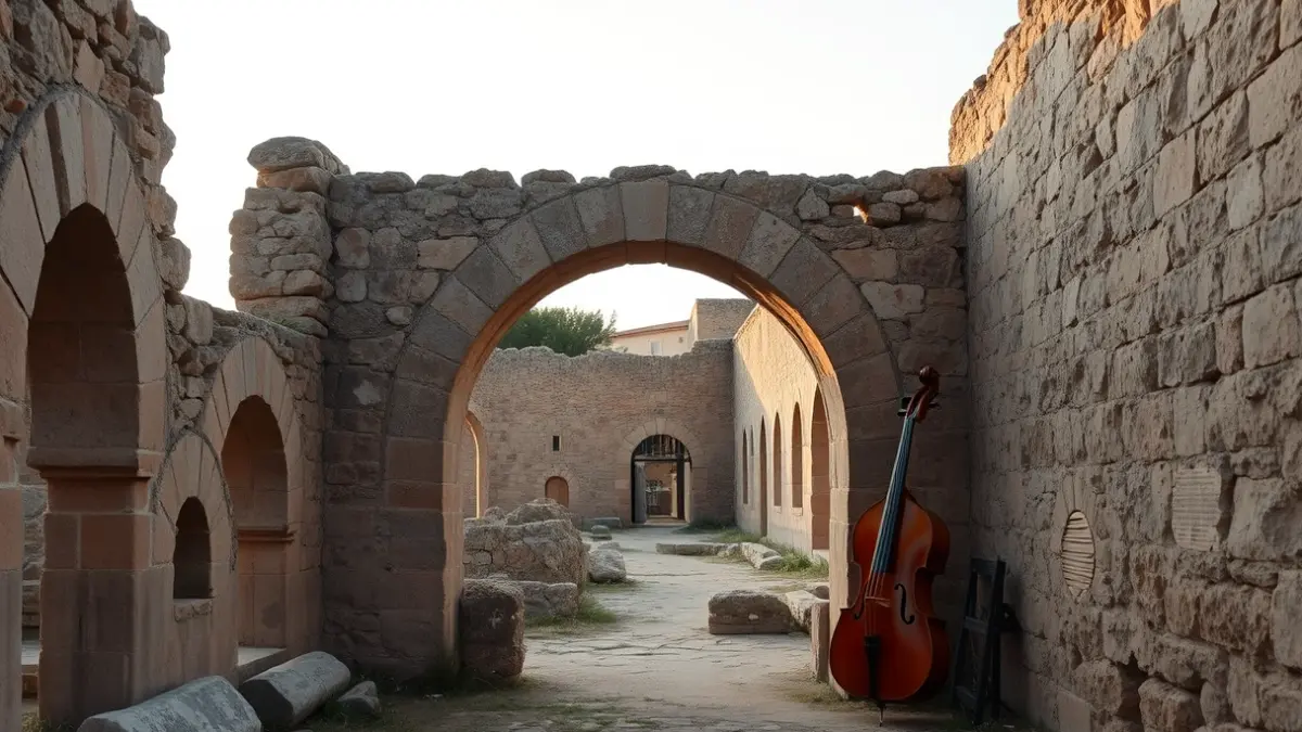 Imagen de un arco de piedra antiguo en un sitio histórico con instrumentos musicales, representando el proyecto de conciertos en vestigios bélicos.