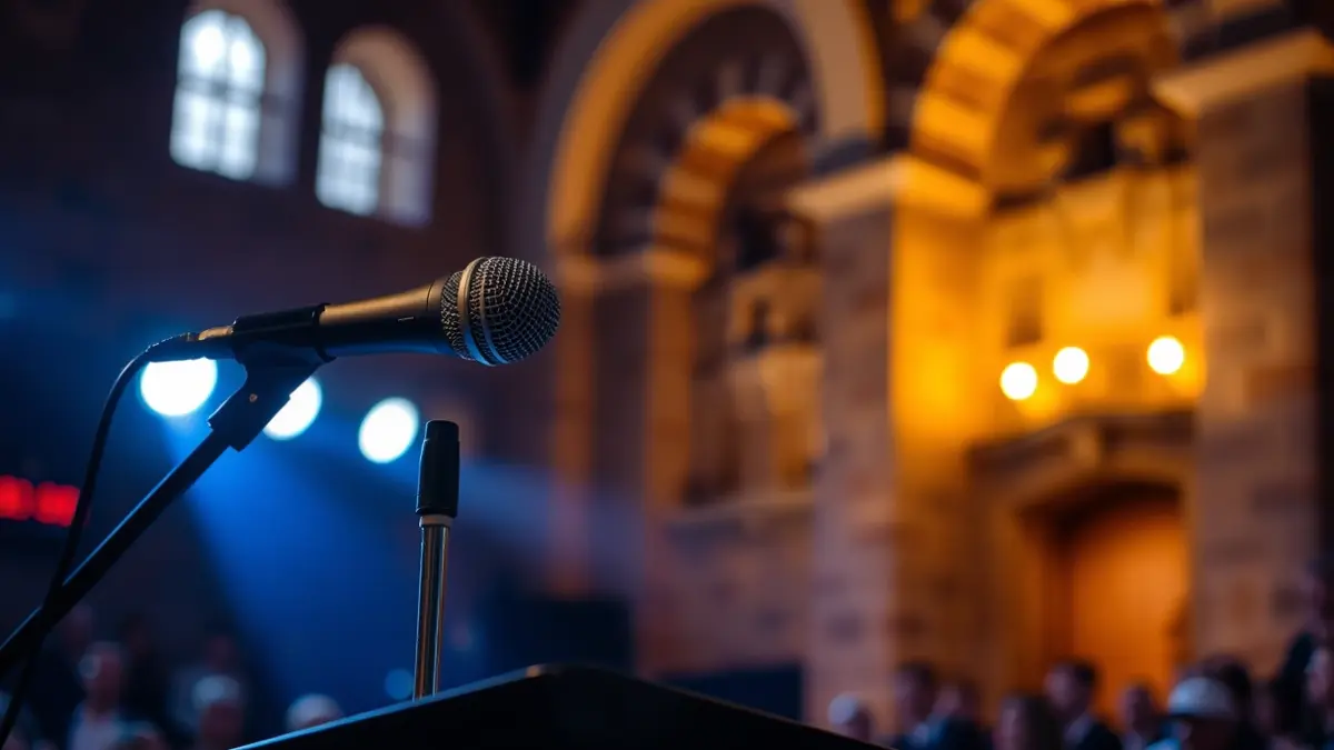 Image of a microphone on a podium, with blurred ancient stone walls in the background, suggesting a concert in a heritage site.