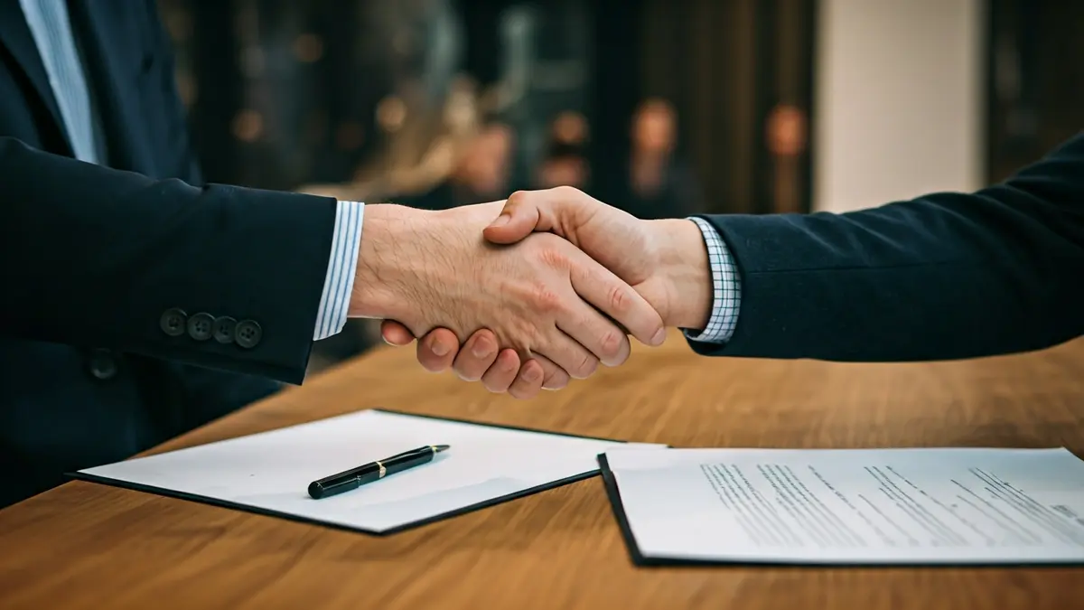 Imatge genèrica d'un acord empresarial amb dos mans encaixant sobre un escrit.