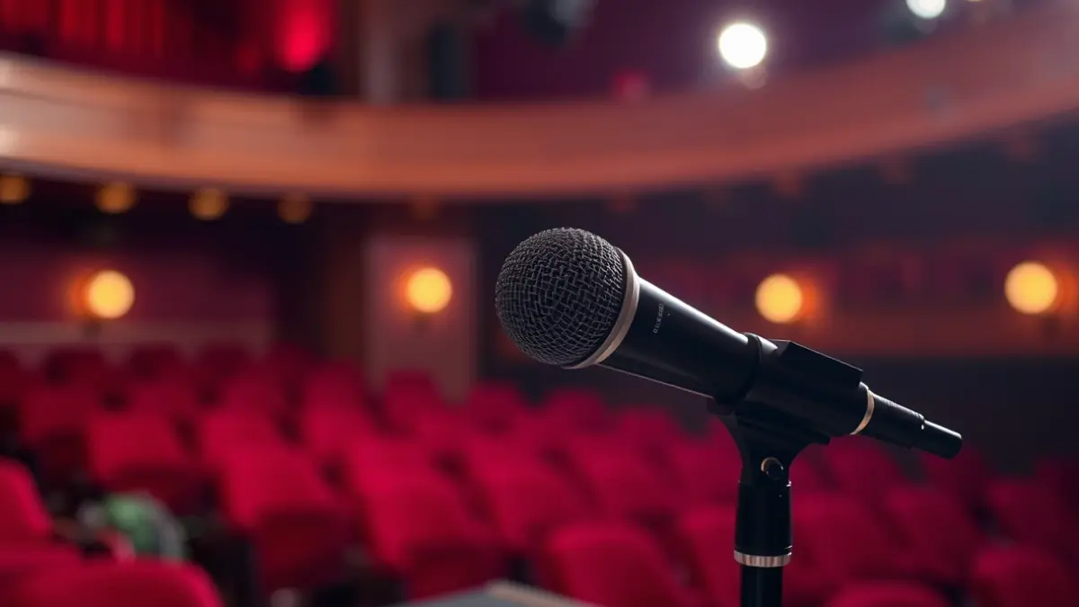 Imatge genèrica d'un micròfon en un faristol, amb seients de teatre desenfocats al fons, suggerint un festival de cine.