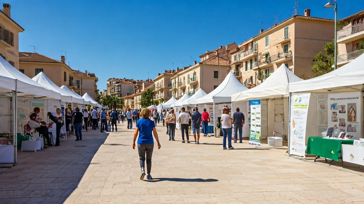Imatge genèrica d'una fira de la salut amb activitats i estands informatius en un entorn mediterrani.