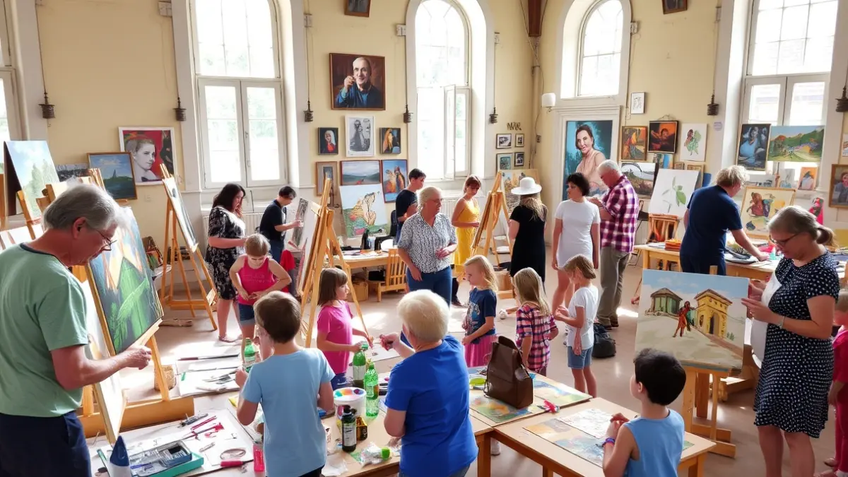 Imagen de un taller de arte multidisciplinario con adultos y niños participando en actividades creativas en un edificio histórico.