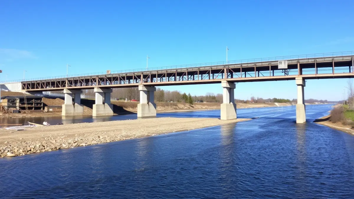 Image of a bridge under reconstruction over a river, with construction materials visible, under a clear blue sky.