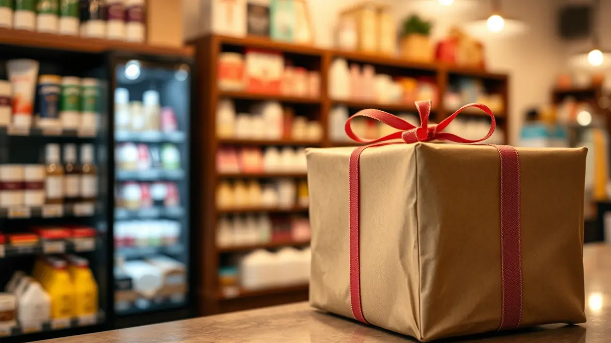 Generic image of a gift-wrapped present in a local shop, with blurred products in the background.