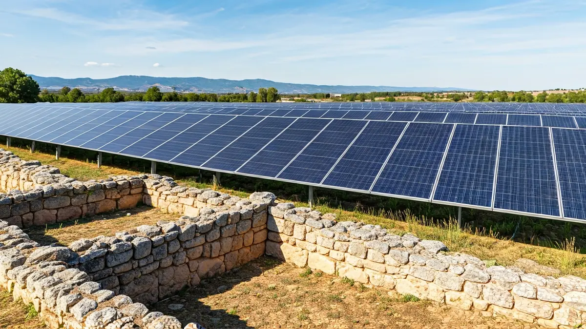 Image of a solar macro-plant with photovoltaic panels in a rural landscape, with Iberian archaeological remains in the foreground.