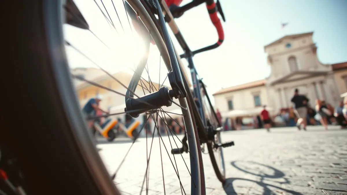 Imagen genérica de una rueda de bicicleta de carrera en un entorno urbano.