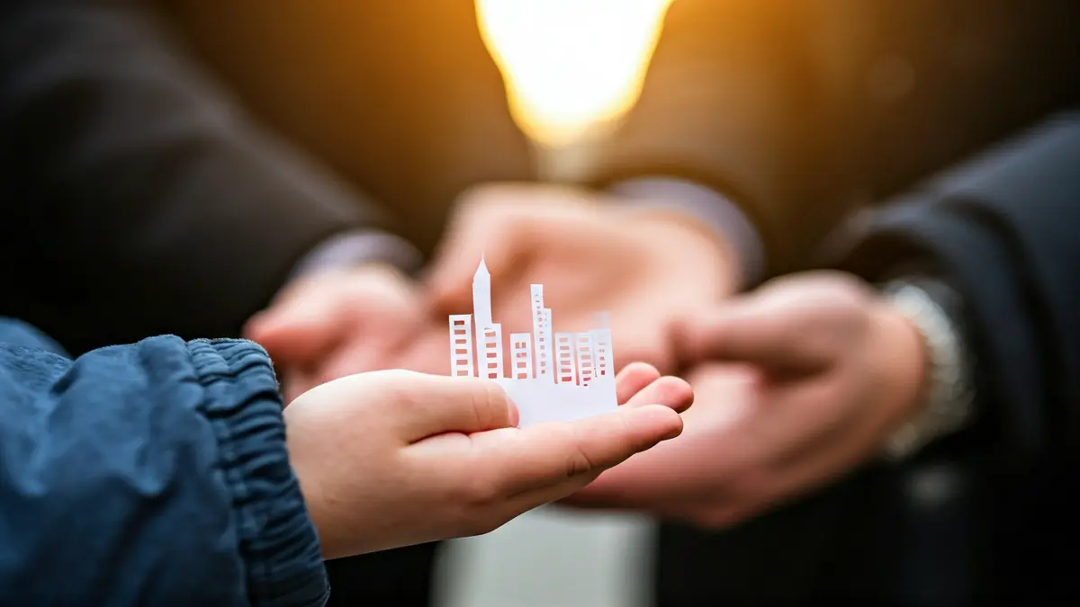 Imatge genèrica de mans d'infants i adults col·laborant en la construcció d'una ciutat de paper.