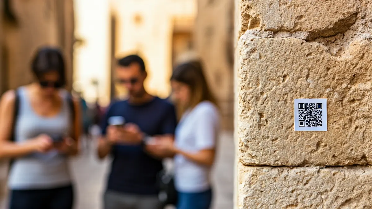 Imagen de un código QR en una pared de piedra antigua, con turistas desenfocados escaneando sus teléfonos.