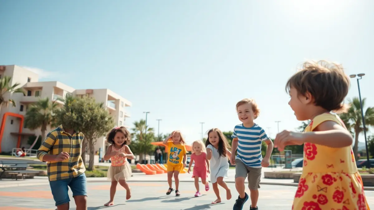 Imatge genèrica de nens jugant en un parc modern i colorit.