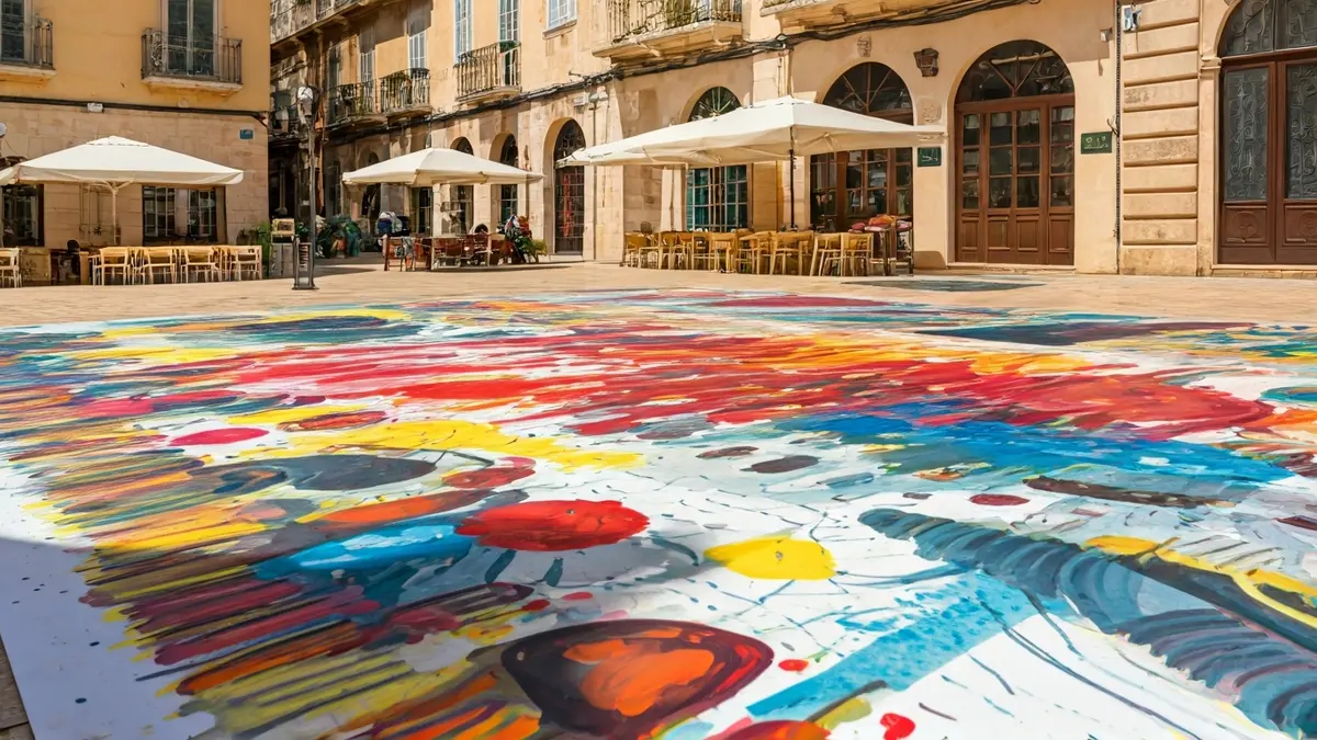 Imagen de un gran lienzo al aire libre en una plaza, con obras de arte coloridas y abstractas creadas por varias personas.