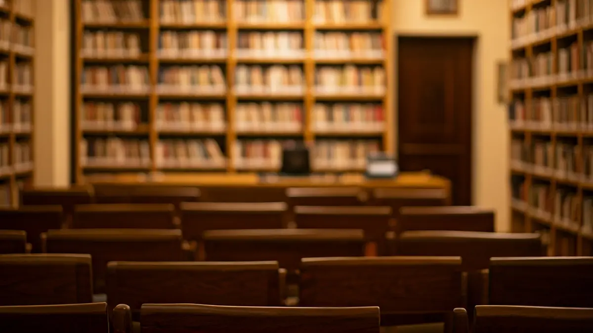 Generic image of a library or reading room with a podium and empty chairs, warm lighting.