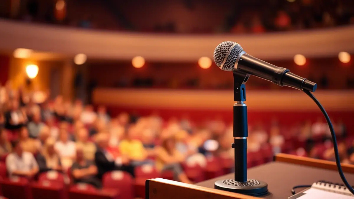 Generic image of a microphone on a podium in a theater, with blurred seats in the background.