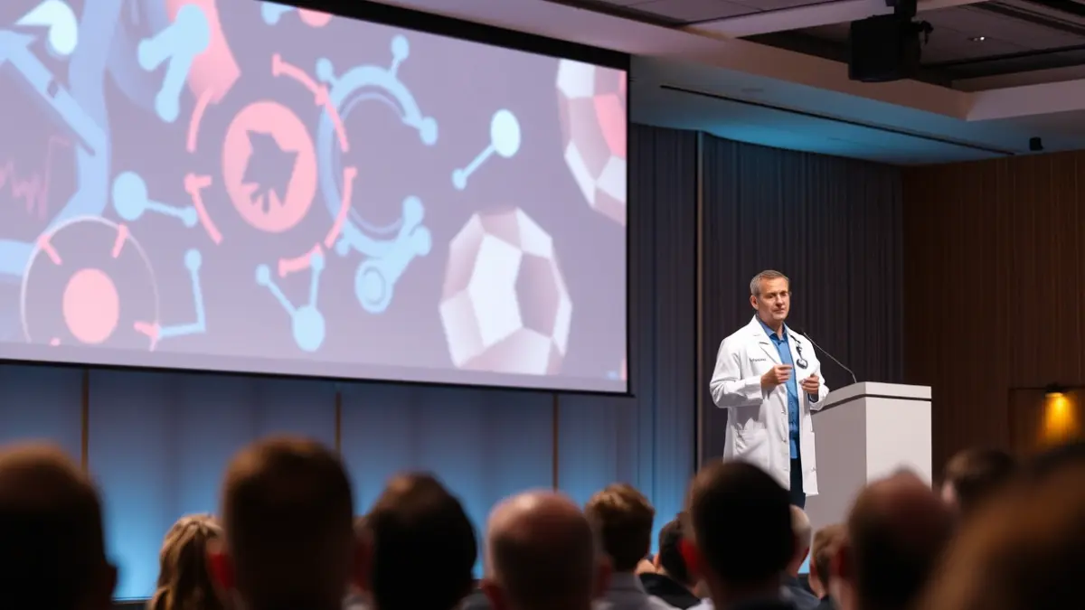 Image of a doctor and popularizer giving a health talk on a stage.