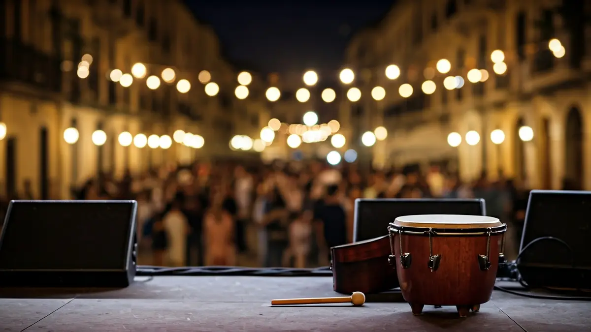 Imagen genérica de una guitarra flamenca y un cajón en un escenario, con luces borrosas y ambiente festivo.