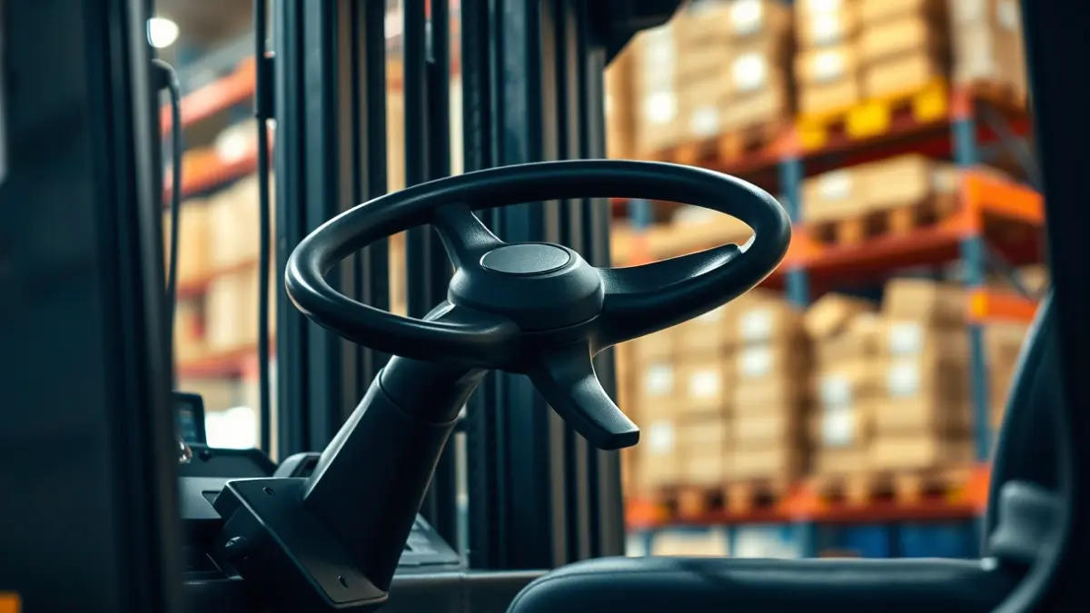 Generic image of a forklift's control panel in a warehouse.