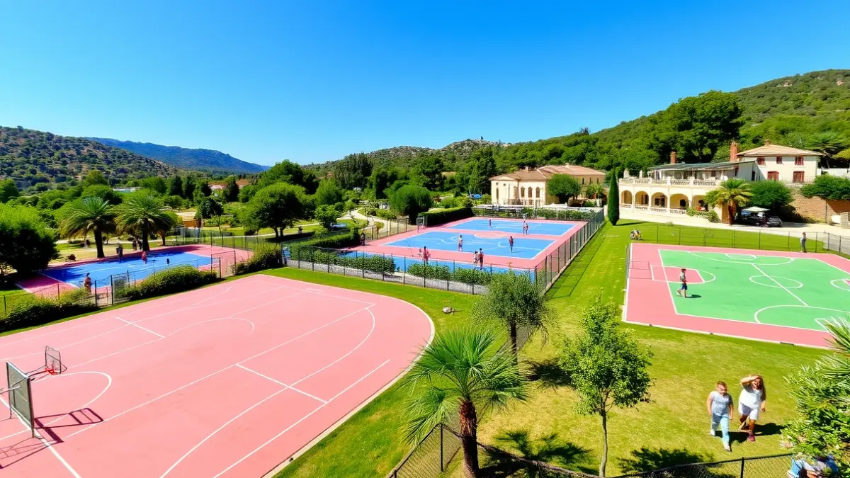 Imatge d'una zona esportiva i d'oci a l'aire lliure amb pistes de futbol, bàsquet i handbol, envoltada de natura, amb famílies gaudint de les activitats.