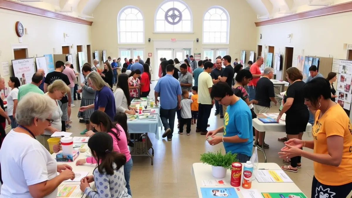 Imagen genérica de una feria de la salud comunitaria con actividades y talleres en un edificio municipal.